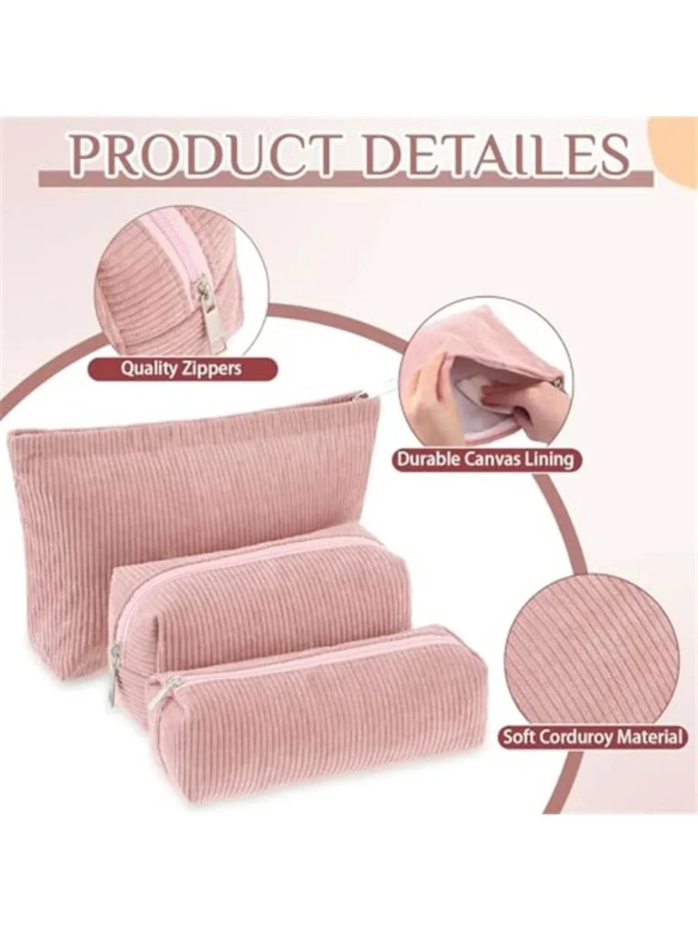 3 Pcs Corduroy Makeup Bag Set for Women Cute Pencil Case, Pink;Solid